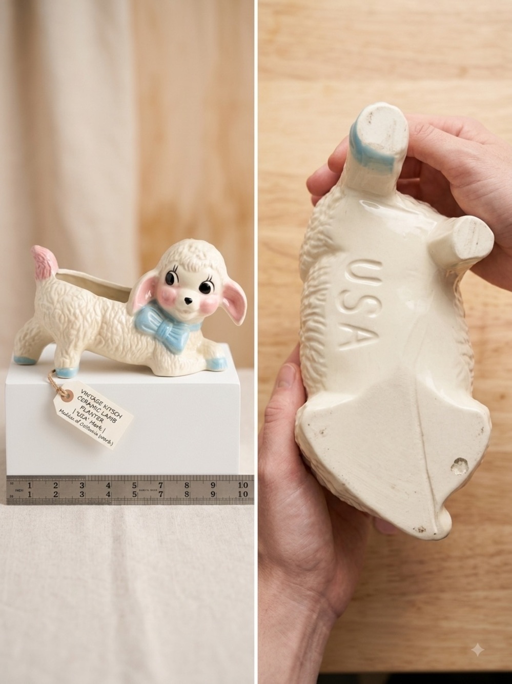 Vintage Ceramic Lamb Planter - Cream with Pink & Blue Accents
